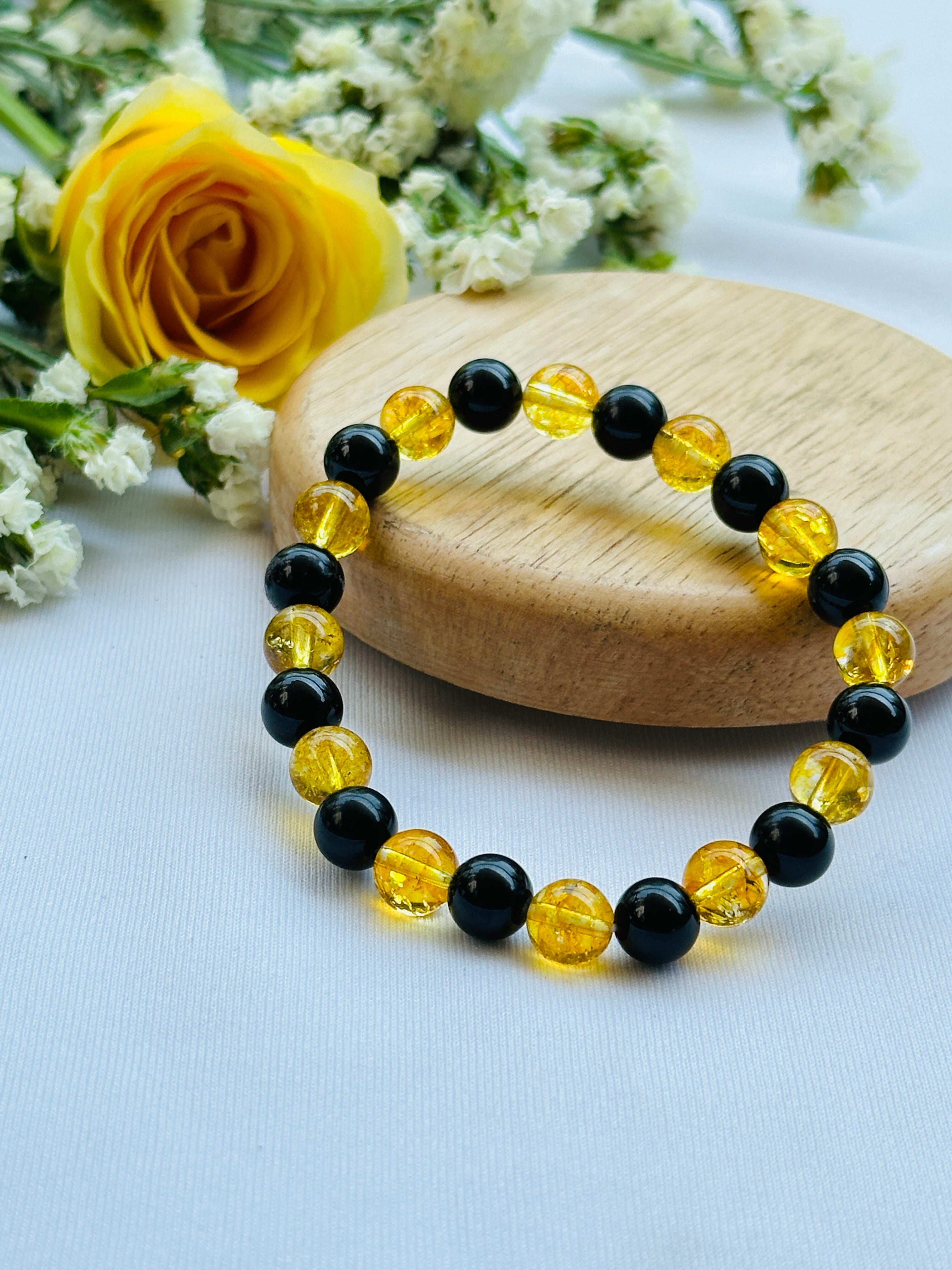 Wealth, Positivity and Protection: Yellow Citrine & Black Tourmaline Bracelet - Abhimantrit & Certified